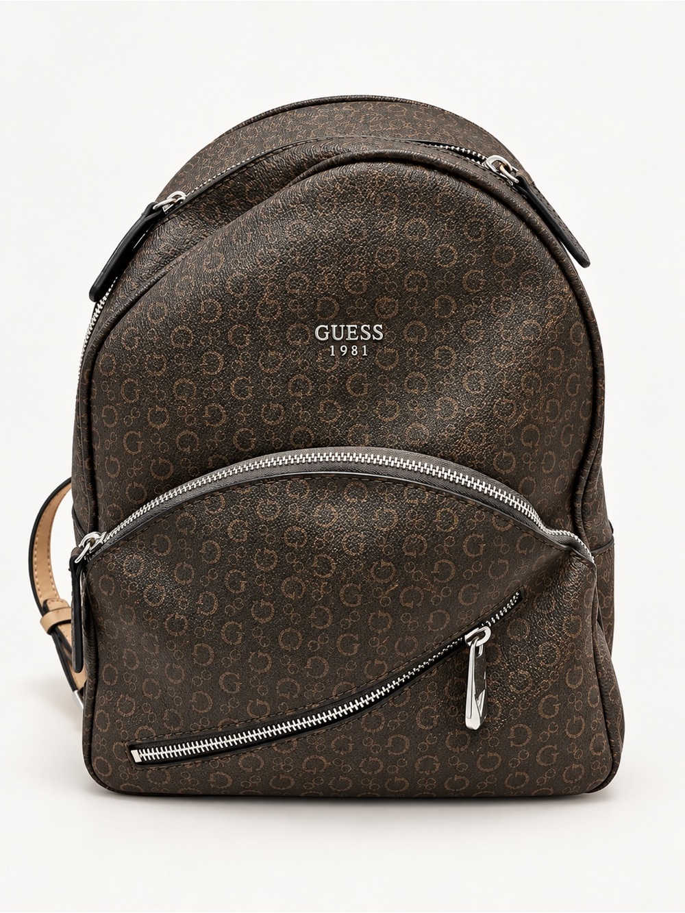 Guess Brown Monogram Mini Backpack with Silver Hardware